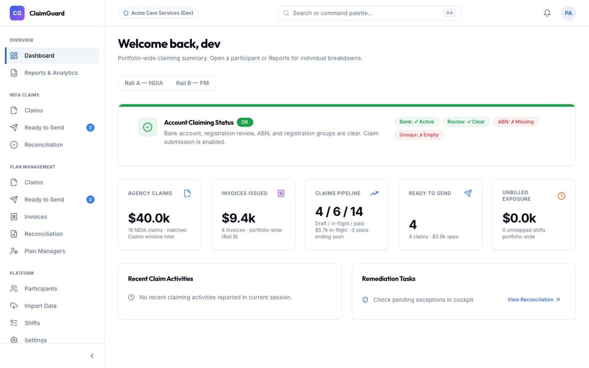 ClaimGuard main dashboard showing claim status, agency claims, invoices, and remediation tasks